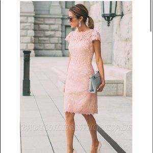 BABYONLINE Pink Short Sleeves Column Lace Knee Length Short Homecoming D…